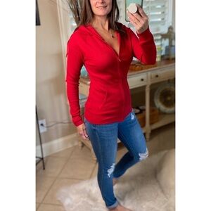 ❤️‍🔥Waffle Thermal Zip Up Drawstring Pocket Hoodie Red 2722